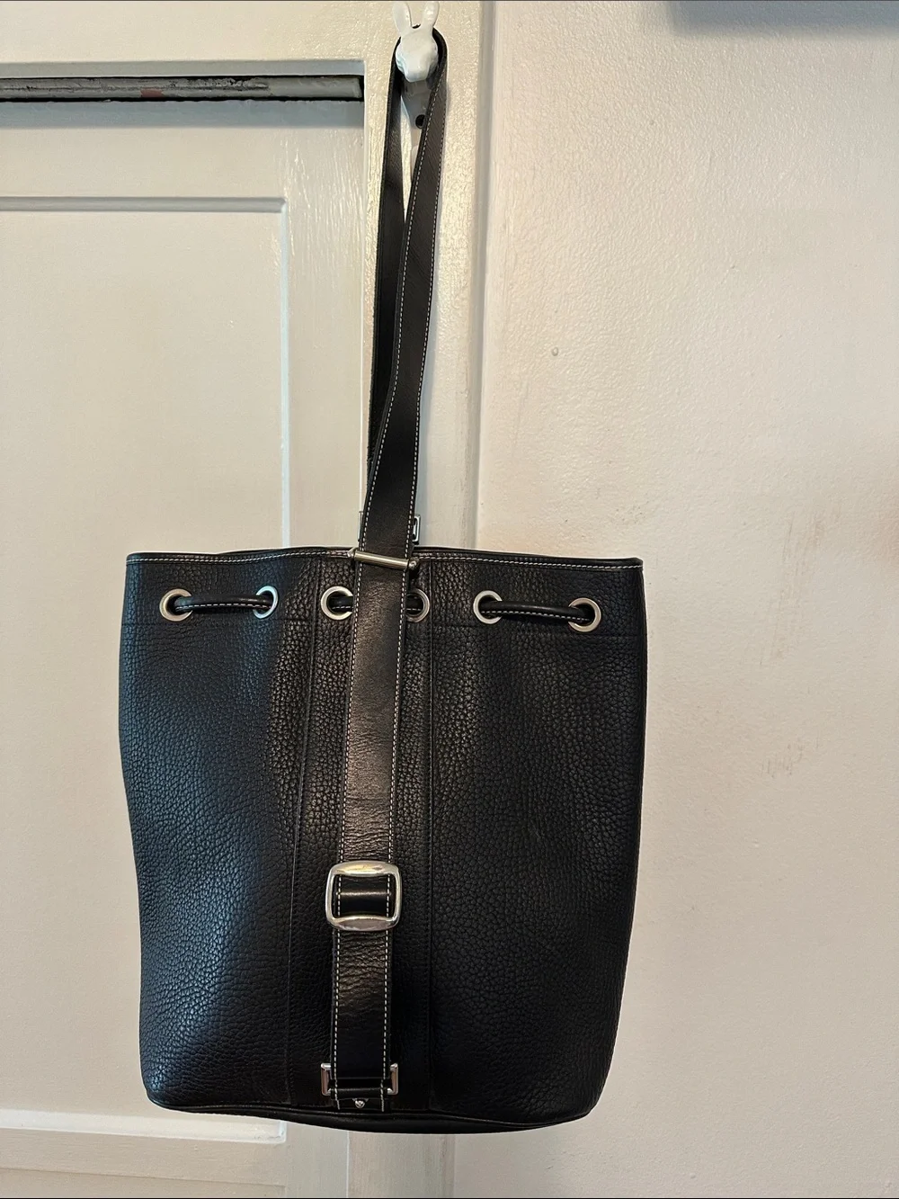 Dooney & Bourke Classic Vintage Black Leather Drawstring Sling Backpack